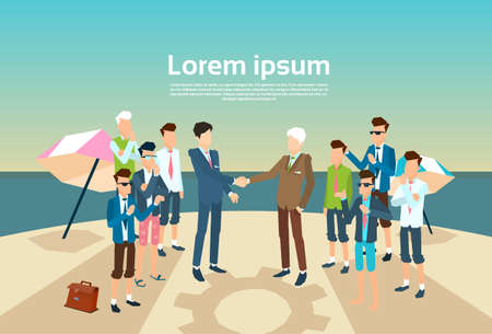 Businessman Leader Handshake Businesspeople Group Summer Island Beach Business Negotiation Concept Flat Vector Illustrationのイラスト素材
