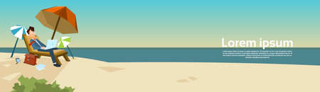 Business Man Freelance Remote Working Place On Sunbed Businessman In Suit Using Laptop Beach Summer Vacation Tropical Island Flat Vector Illustrationのイラスト素材