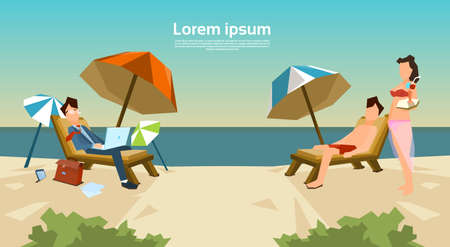 Businessman Freelance Remote Working Place On Sunbed Business Man Suit Using Laptop Beach Summer Vacation Couple Woman Cocktail Tropical Island Flat Vector Illustrationのイラスト素材
