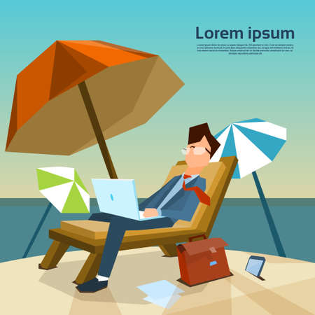 Business Man Freelance Remote Working Place On Sunbed Businessman In Suit Using Laptop Beach Summer Vacation Tropical Island Flat Vector Illustrationのイラスト素材