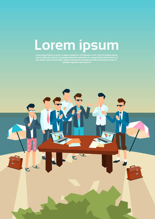 Business People Group Office Desk Working Beach Summer Vacation Vector Illustrationのイラスト素材