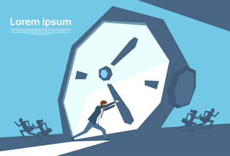 Business Man Push Clock Arrow Businessman Time Concept Flat Vector Illustrationのイラスト素材