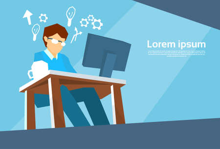 Business Man Work Desktop Computer Flat Vector Illustrationのイラスト素材