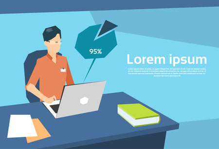 Business Man Sitting Desk Work Laptop Computer Flat Vector Illustrationのイラスト素材