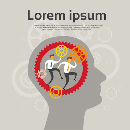 Businesspeople Run Cogwheel Inside Head Copy Space Teamwork Brainstorm Concept Flat Vector Illustrationのイラスト素材