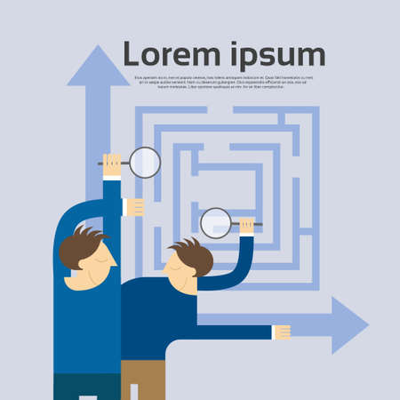 Businessman Hold Magnifying Glass Choose Direction Labyrinth Flat Vector Illustrationのイラスト素材