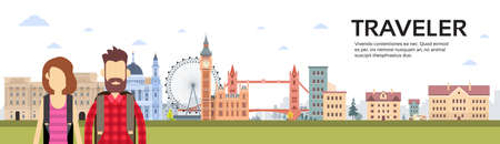 Traveler Couple With Backpackers Over London City View Banner Flat Vector Illustrationのイラスト素材
