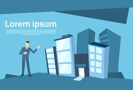 Business Man Over Office Building Background Flat Vector Illustrationのイラスト素材