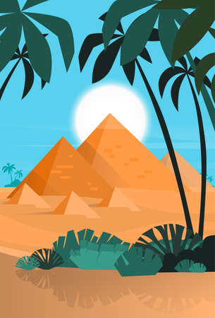 Desert View Egypt Pyramids Sunset Flat Vector Illustrationのイラスト素材