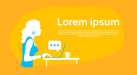 Silhouette Girl  Typing Laptop Flat Vector Illustrationのイラスト素材