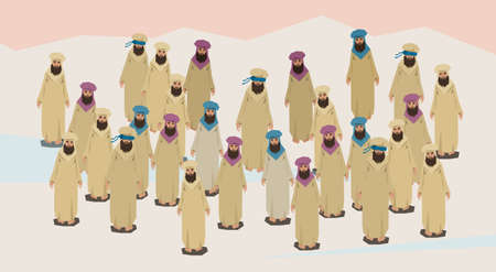 Arab People Group Traditional Clothes Desert Crowd Full Length Flat Vector Illustrationのイラスト素材