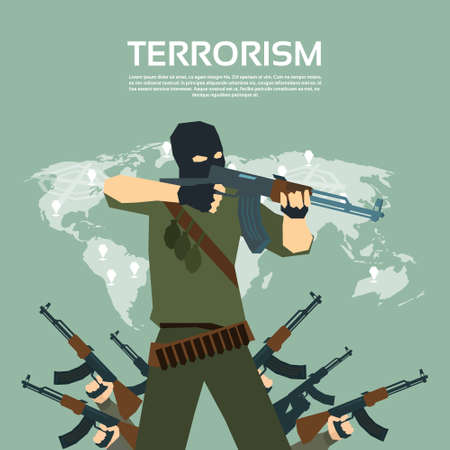 Armed Terrorist Group Over World Map International Terrorism Concept Flat Vector Illustrationのイラスト素材