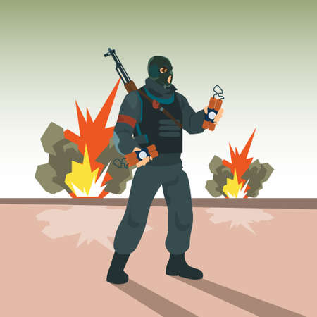 Terrorist Hold Bomb Terrorism Concept Flat Vector Illustrationのイラスト素材