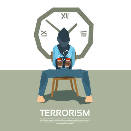 Terrorism Tied Hostage Blindfolded Sitting Chair With Bomb Clock Timer Vector Illustration