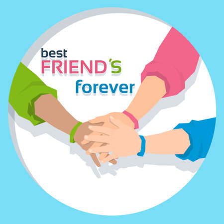 Pile Hand Stack On Each Other Holding Together Best Friends Forever Friendship Day Banner Flat Vector Illustrationのイラスト素材