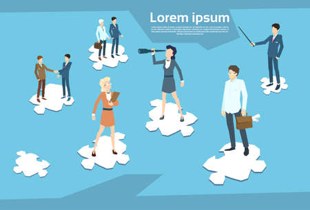 Business People Group Standing on Puzzle Piece Businesspeople Team Teamwork Concept Flat Vector Illustrationのイラスト素材