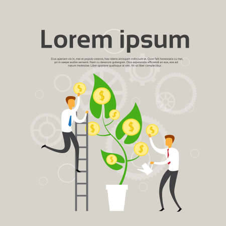 Business People Grow Money Tree With Coins Success Profit Concept Flat Vector Illustrationのイラスト素材