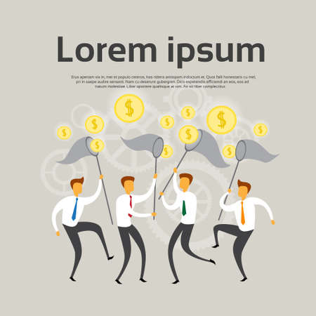 Business People Team Hold Net Catch Coin Money Income Concept Flat Vector Illustrationのイラスト素材