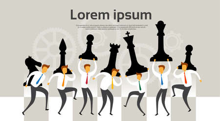Business People Team Hold Chess Figures Strategy Concept Flat Vector Illustrationのイラスト素材