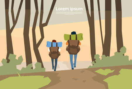 Traveler Couple Hikers With Rucksack Rear View Nature Background Vector Illustrationのイラスト素材