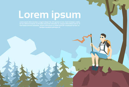 Traveler Sit On Hill Hiker With Rucksack Nature Mountain Background Vector Illustrationのイラスト素材