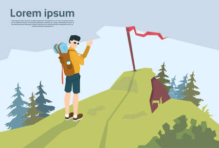 Traveler On Hill Hiker With Rucksack Mountain Background Vector Illustrationのイラスト素材