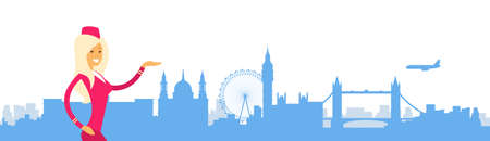Stewardess In Uniform Open Palm To London City View Flat Vector Illustrationのイラスト素材