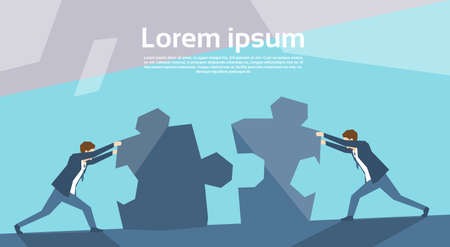 Business Man Group Push Puzzle Pieces Teamwork Concept Flat Vector Illustrationのイラスト素材