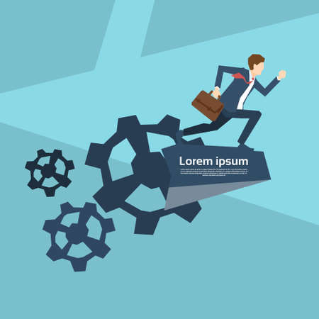Business Man Run In Cog Wheel Development Concept Flat Vector Illustrationのイラスト素材