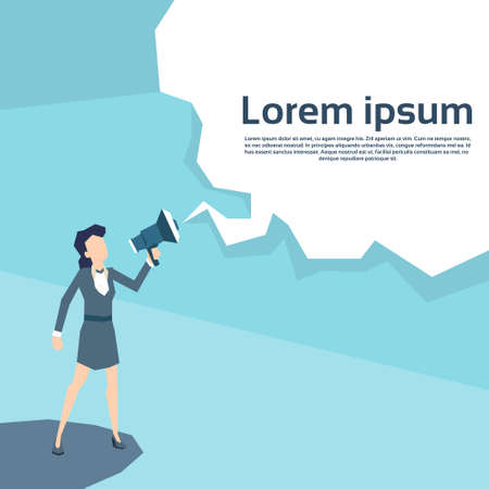 Businesswoman Hold Megaphone Chat Bubble Copy Space Business Woman Leader Loudspeaker Flat Vector Illustrationのイラスト素材