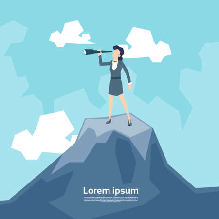Business Woman Looking Through Telescope Standing on Top Mountain Flat Vector Illustrationのイラスト素材
