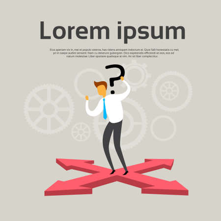 Business Man Standing Sign Choose Direction Way Arrow Question Mark Flat Vector Illustrationのイラスト素材