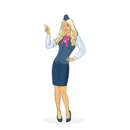 Stewardess In Uniform Point Finger Up Airline Crew Flat Vector Illustrationのイラスト素材
