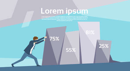 Business Man Push Financial Graph Growing Up Success Growth Concept Flat Vector Illustrationのイラスト素材