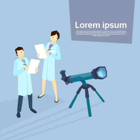Scientist Woman Man Telescope Laboratory Flat Vector Illustrationのイラスト素材