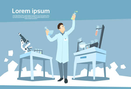 Scientist Working Research Chemical Laboratory Flat Vector Illustrationのイラスト素材