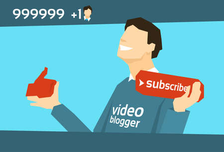Popular Video Man With Like Subscribe Button Flat Vector Illustrationのイラスト素材