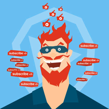 Crazy Man Face With Like Thumb Up Video Blog Concept Flat Vector Illustrationのイラスト素材
