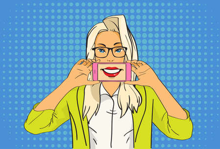 Pretty Blonde Girl Hold Cell Smart Phone Pop Art Colorful Retro Style Vector Illustrationのイラスト素材