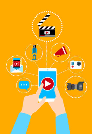 Hand Hold Cell Smart Phone Video Blog Concept Flat Vector Illustrationのイラスト素材