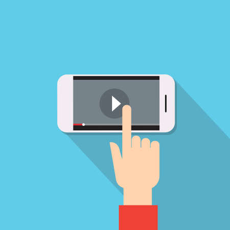 Video Player Hand Touch Screen Play Button Cell Smart Phone Flat Vector Illustrationのイラスト素材