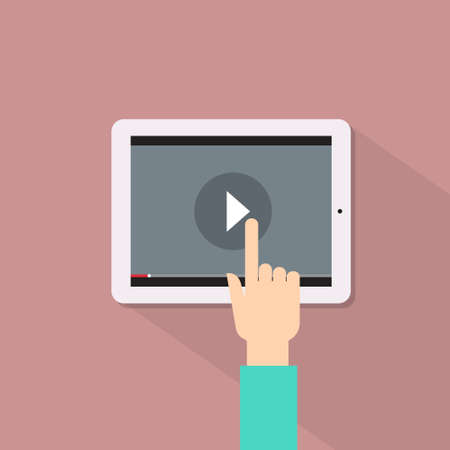 Video Player Hand Touch Screen Play Button Tablet Computer Flat Vector Illustrationのイラスト素材