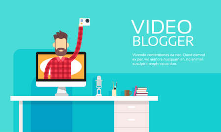 Man Video Hold Camera Destop Computer Screen Blogging Concept Flat Vector Illustrationのイラスト素材