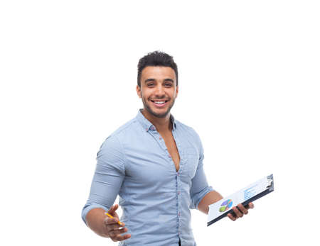 Handsome business man happy smile, businessman holding folder pencil document, wear blue shirt isolated over white backgroundの写真素材