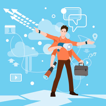 Busy Multitasking Manager Business Man With Many Hands Flat Vector Illustrationのイラスト素材
