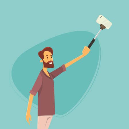Man Taking Selfie Photo On Smart Phone With Stick Vector Illustrationのイラスト素材
