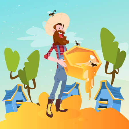 Farmer Gather Honey From Bee Hive Apiary Flat Vector Illustrationのイラスト素材