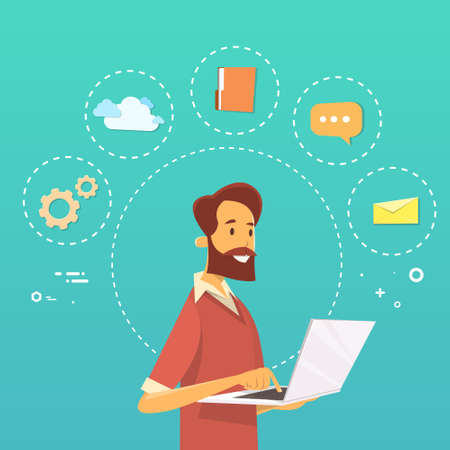 Casual Man Using Laptop Working Flat Vector Illustrationのイラスト素材