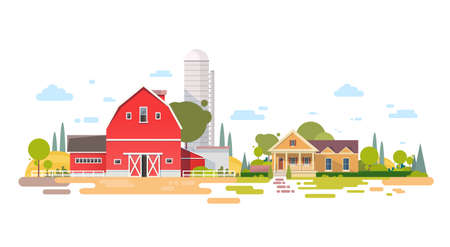 Big Farm With House, Farmland Countryside Landscape Flat Vector Illustrationのイラスト素材