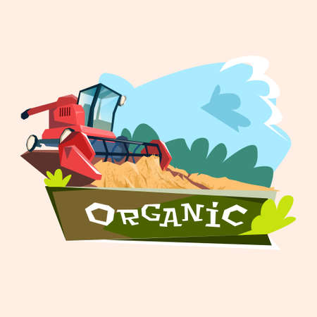 Combine Harvesting Wheat Crop In Field Organic Farming Logo Flat Vector Illustrationのイラスト素材